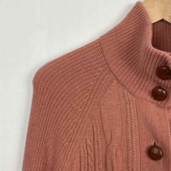 J.Crew S Salmon Cardigan Cable Knit Faux Leather Buttons Lambs Wool - Picture 6 of 14